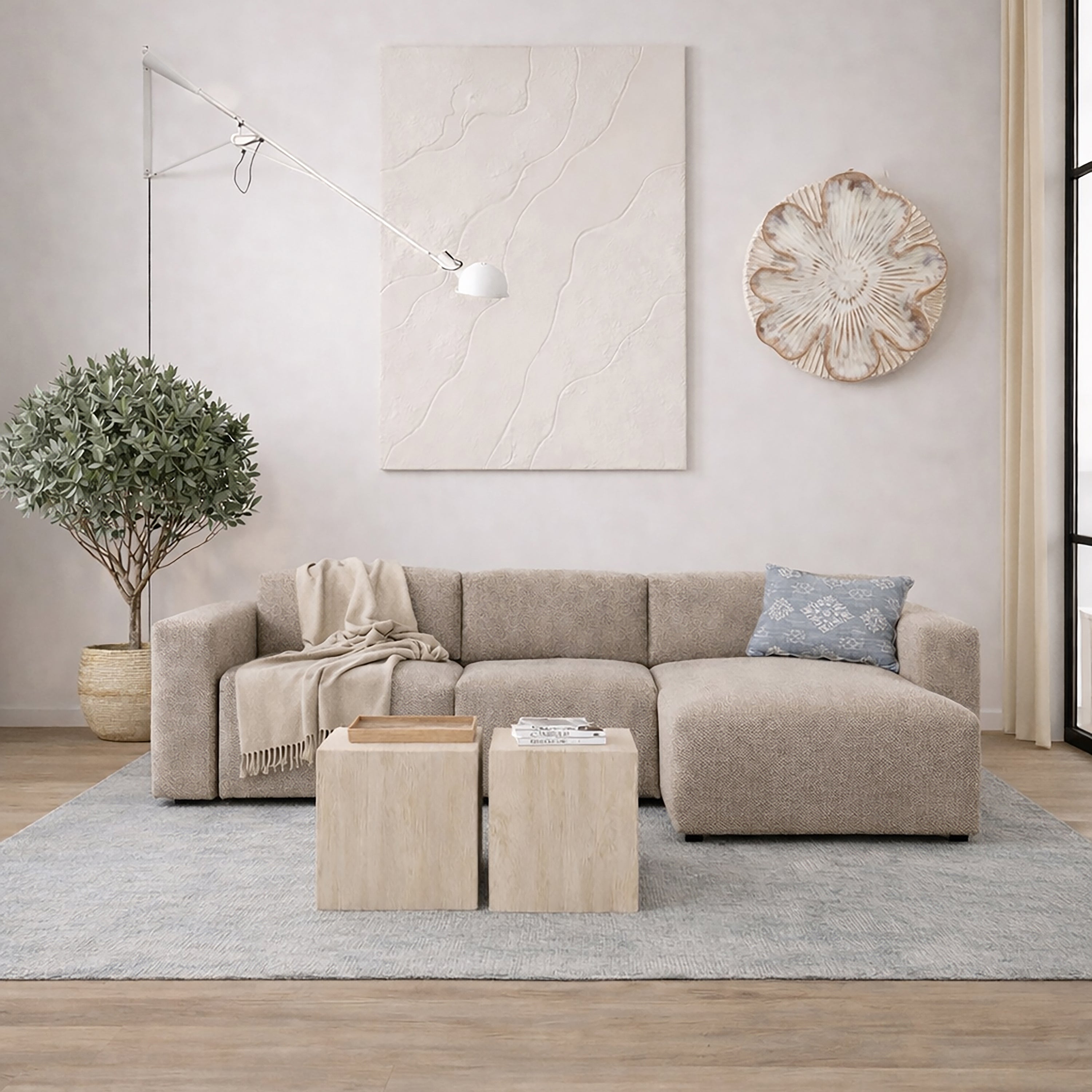 Murphy Right Hand Facing 2 Seater Chaise Lounge in Boucle Beige Fabric