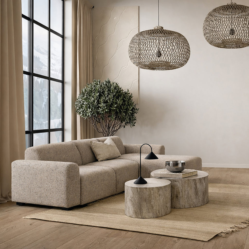 Murphy Right Hand Facing 2 Seater Chaise Lounge in Boucle Beige Fabric