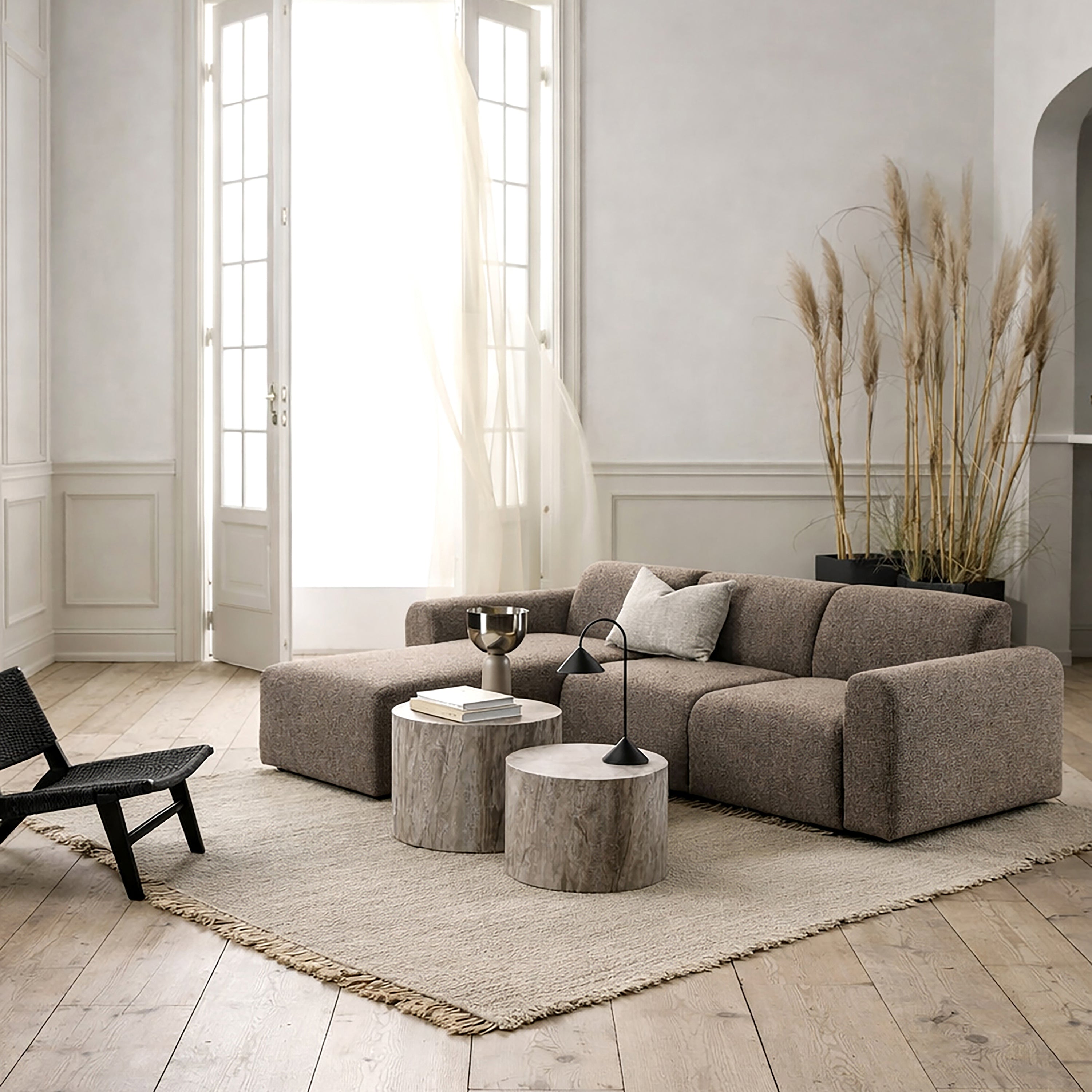 Murphy Left Hand Facing 2 Seater Chaise Lounge in Boucle Taupe Fabric