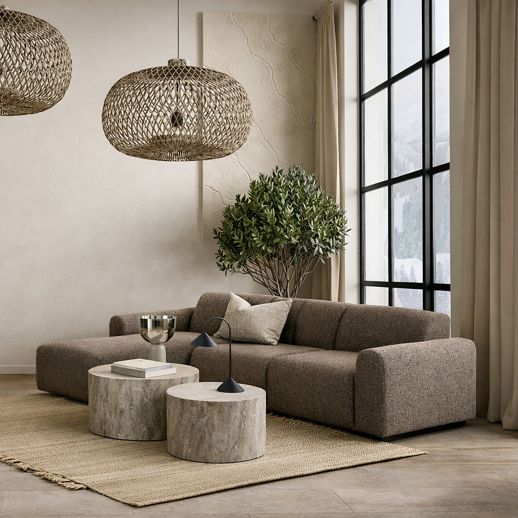 Murphy Left Hand Facing 2 Seater Chaise Lounge in Boucle Taupe Fabric