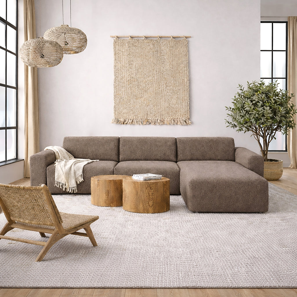 Murphy Right Hand Facing 2 Seater Chaise Lounge in Boucle Taupe Fabric