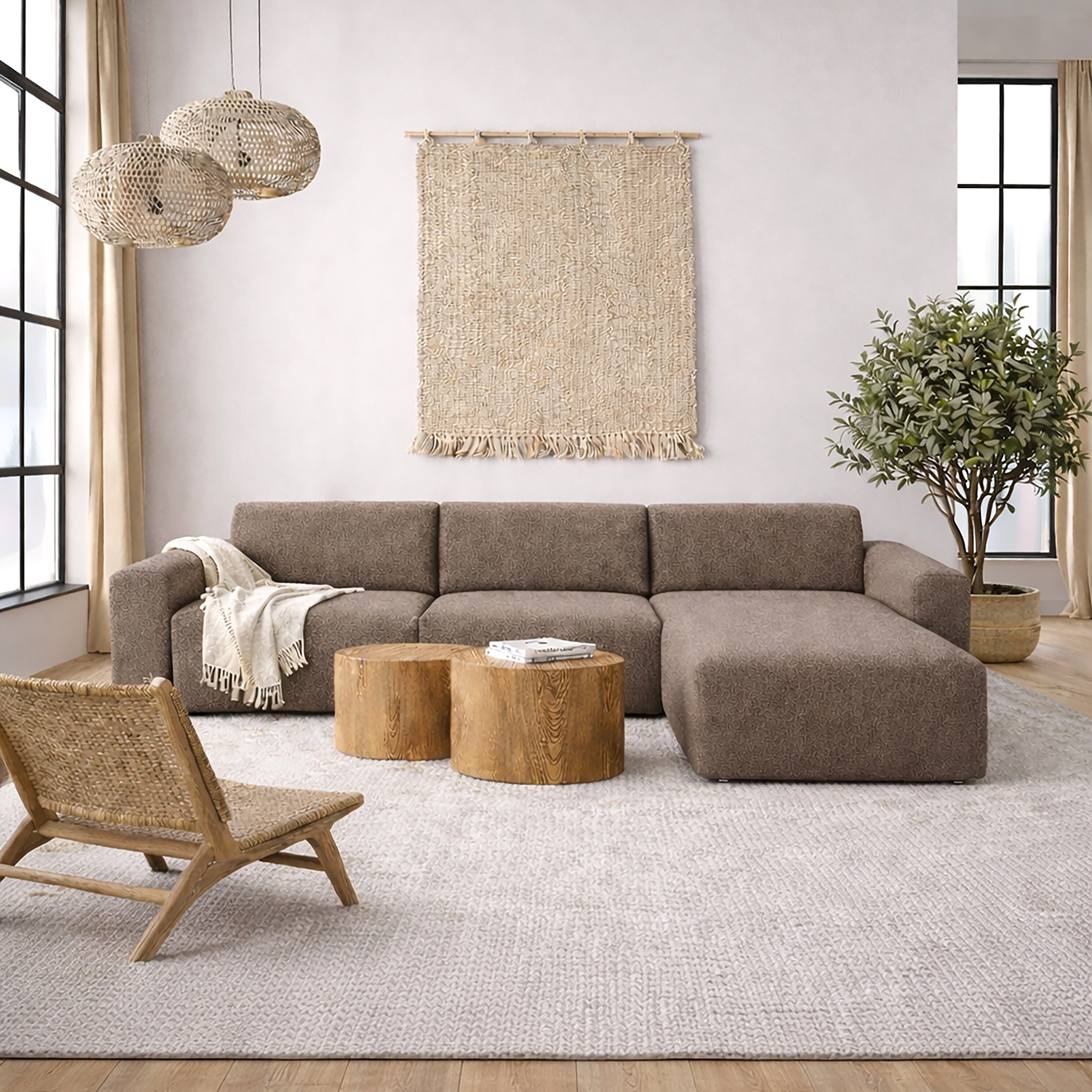 Murphy Right Hand Facing 2 Seater Chaise Lounge in Boucle Taupe Fabric