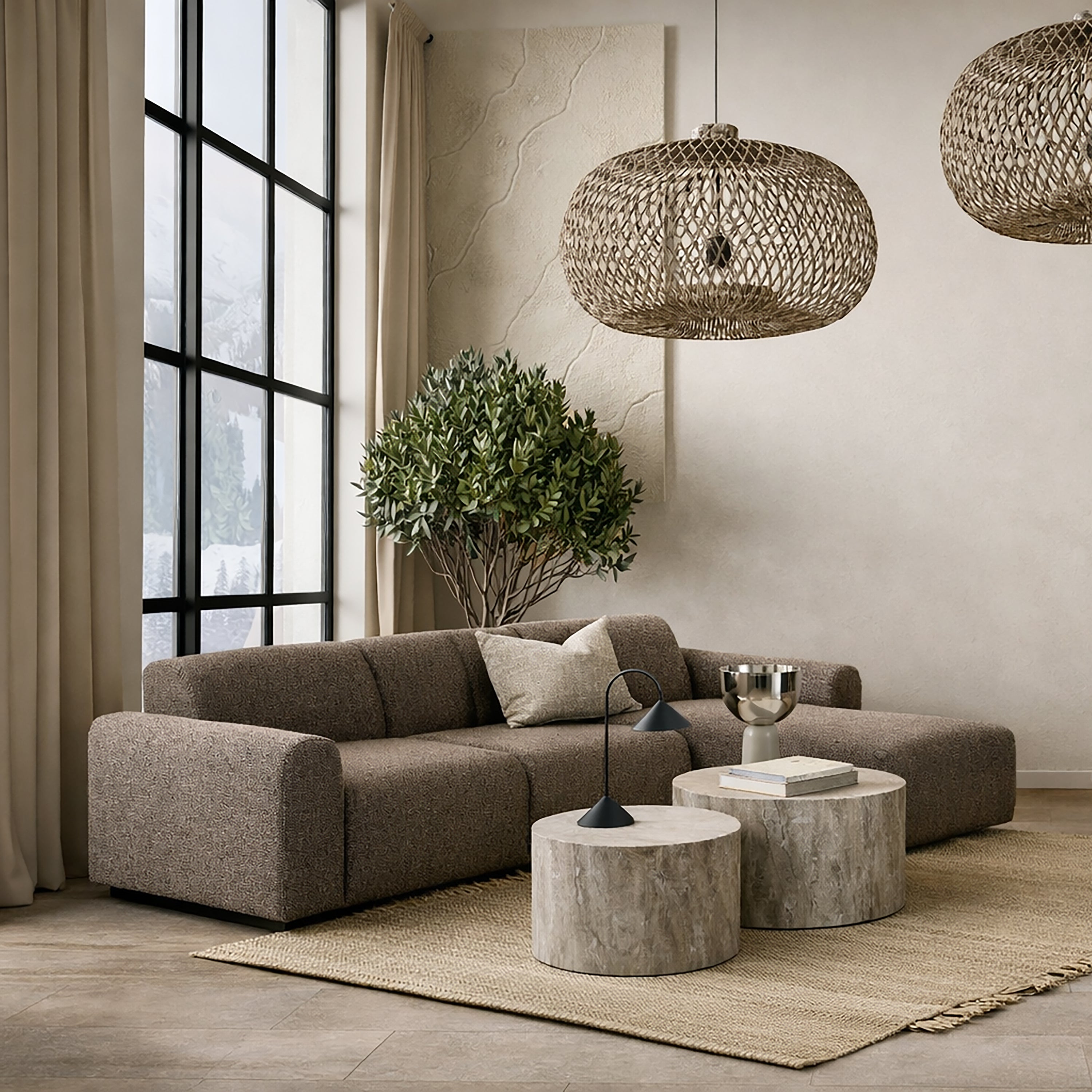 Murphy Right Hand Facing 2 Seater Chaise Lounge in Boucle Taupe Fabric