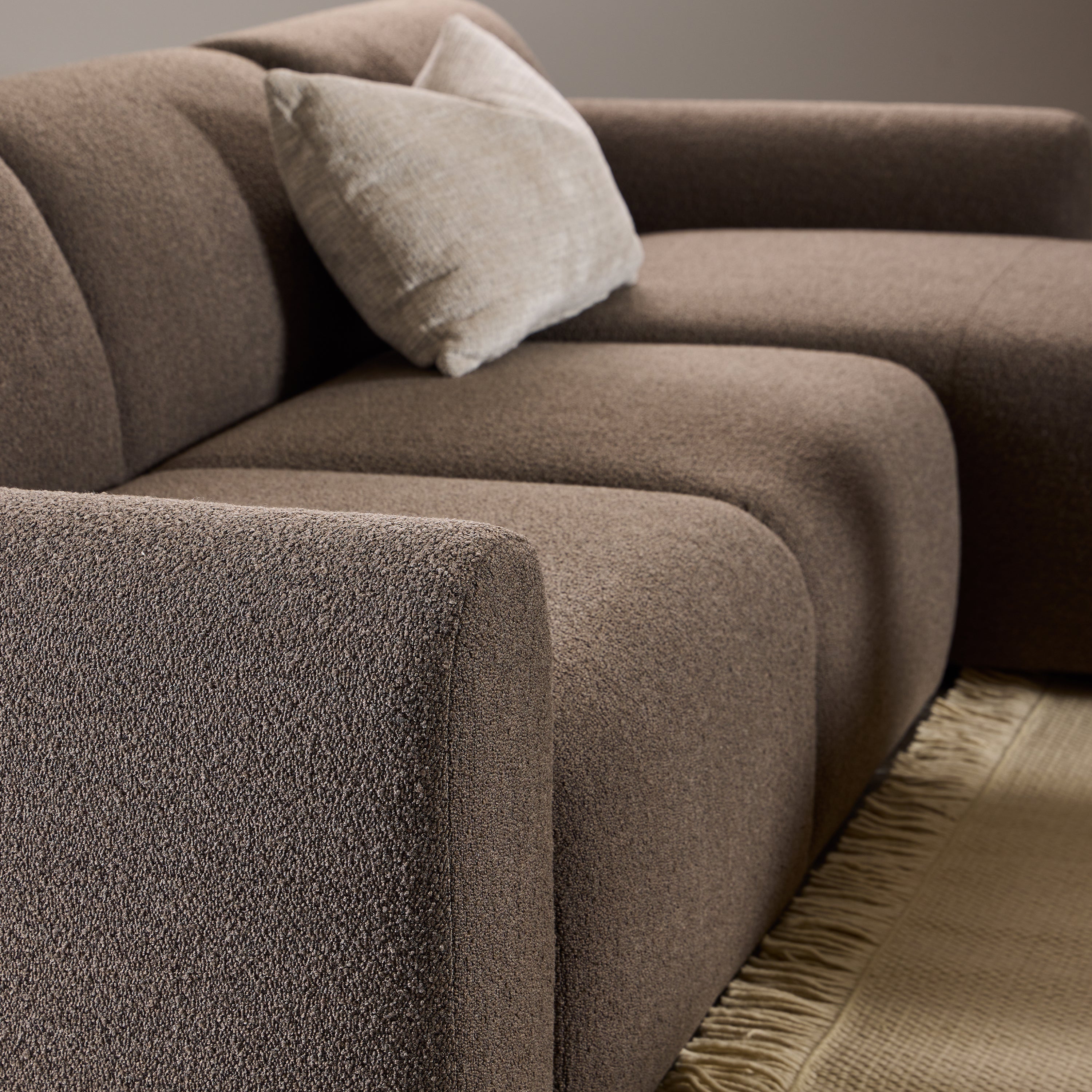 Murphy Right Hand Facing 2 Seater Chaise Lounge in Boucle Taupe Fabric