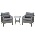Outsunny 3 Pieces Rattan Bistro Set with Glass Top Coffee Table, Chairs and Cushions for Outdoor, Patio, Balcony, Grey