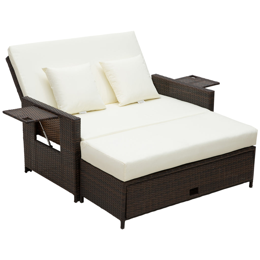 Outsunny Rattan Sun Lounger 2 Seater Day Bed with Cushions, Brown