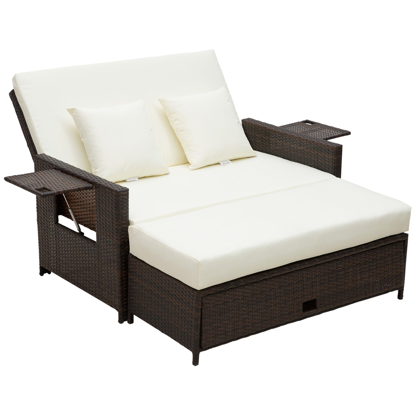 Outsunny Rattan Sun Lounger 2 Seater Day Bed with Cushions, Brown