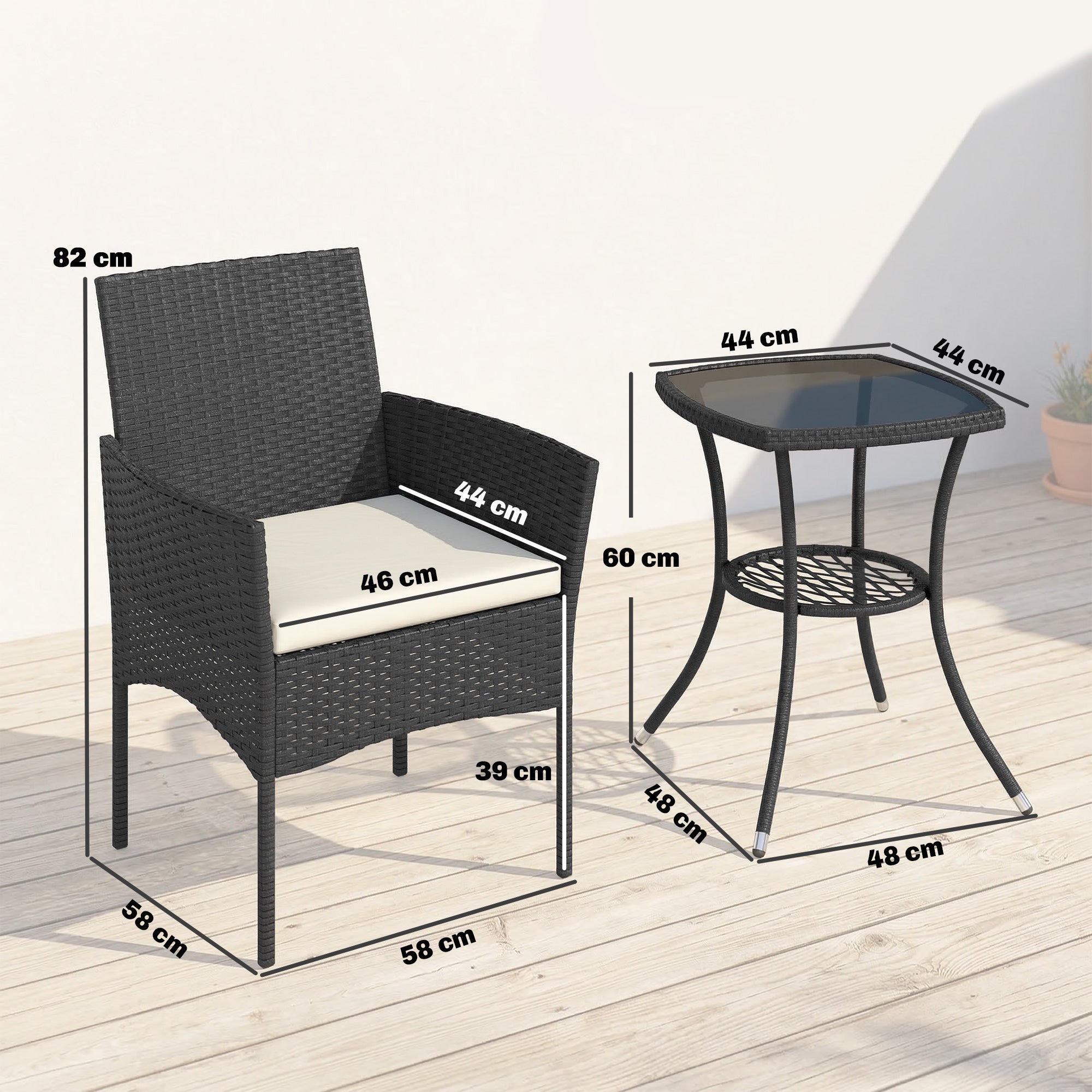 Outsunny 3 Piece Rattan Bistro Set, PE Wicker Garden Furniture Conversation Set with 2 Tier Glass-Top Table, Chairs, Cream White