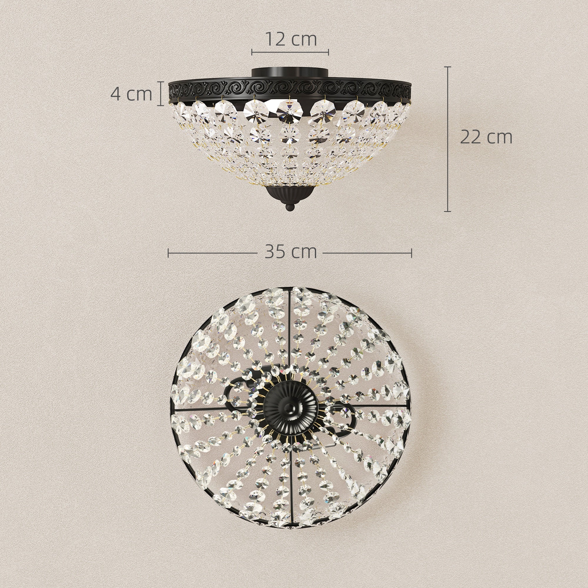 Crystal Chandelier Ceiling Light with 168 Octagonal Beads, Vintage 2-Light Flush Mount Ceiling Light for Living Room, Bedroom, Hallway, Dining Room, Black