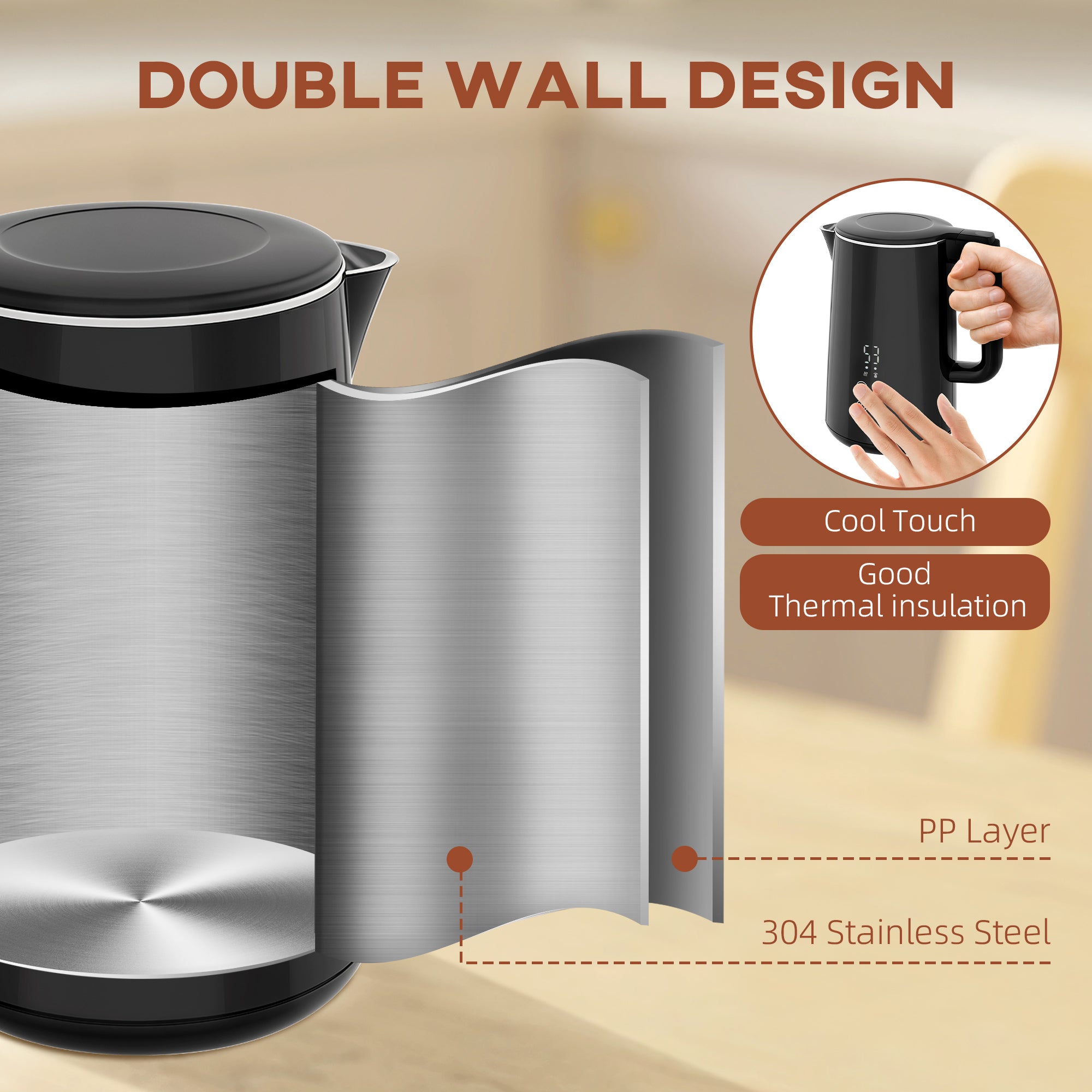 Polished Stainless Steel Kettle and Toaster Set - Black