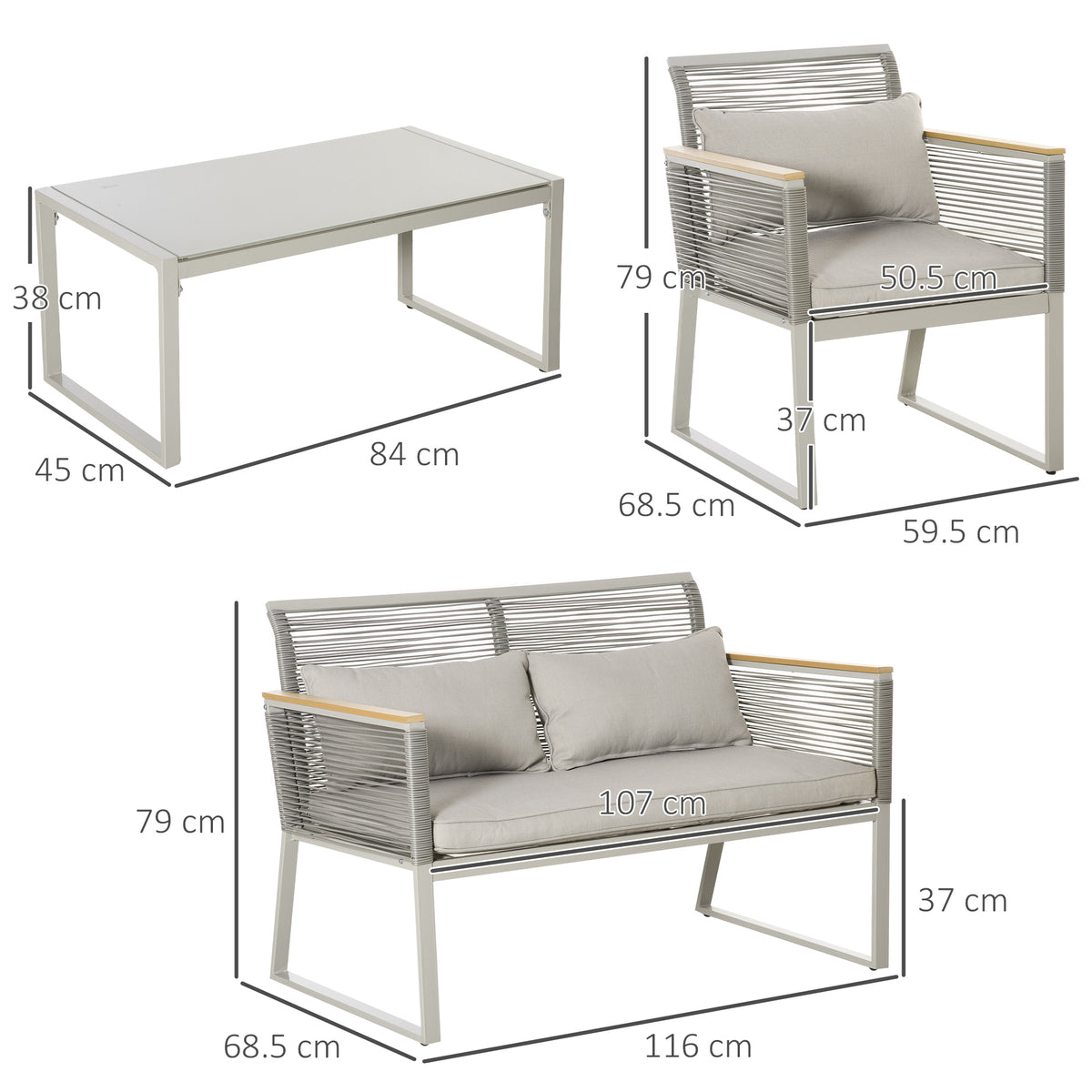 Outsunny 4 Pieces Rattan Garden Furniture Set - Grey
