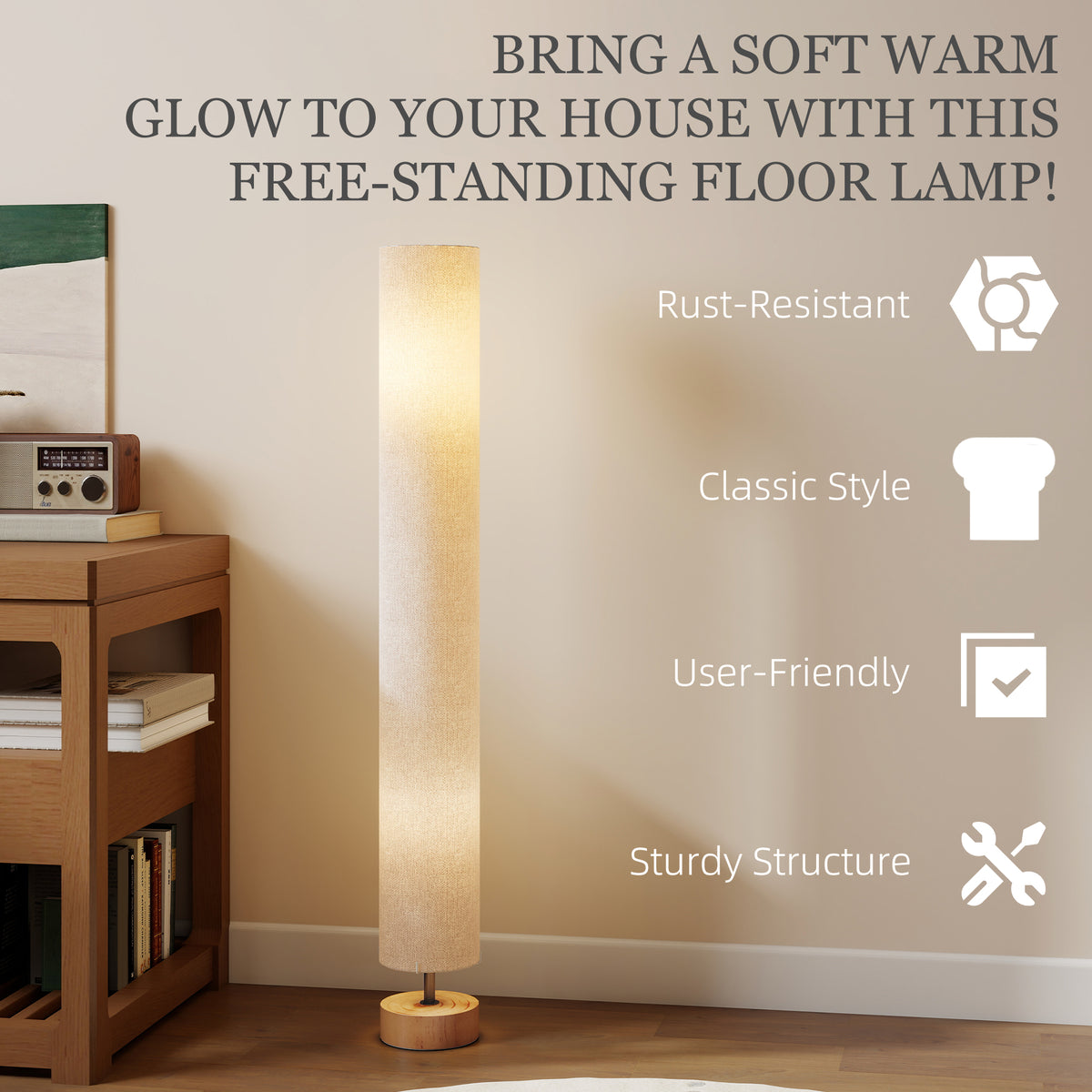 LED Floor Lamp for Living Room, 120cm Modern Standing Lamp with 3000K/4500K/6500K Colour Temperatures, Linen Shade and Wooden Base, Grey