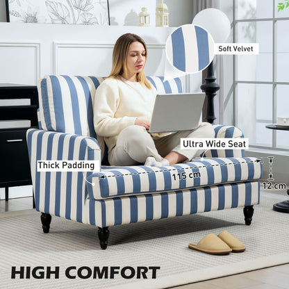 Modern Cuddle Chair, Velvet Single Sofa Armchair with Stripe, Turned Legs and Wide Seat, Upholstered Snuggle Chair for Living Room, Bedroom, Blue and White