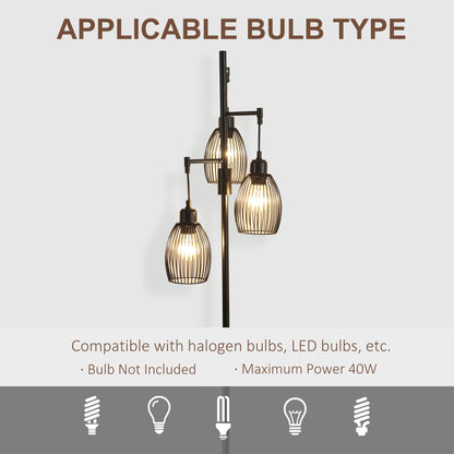3-Light Floor Lamp, 170cm Industrial Dimmable Standing Lamp with Steel Wire Cage Lampshades for Living Room, Bedroom, Dining Room, Study, Bulb Not Included, Black