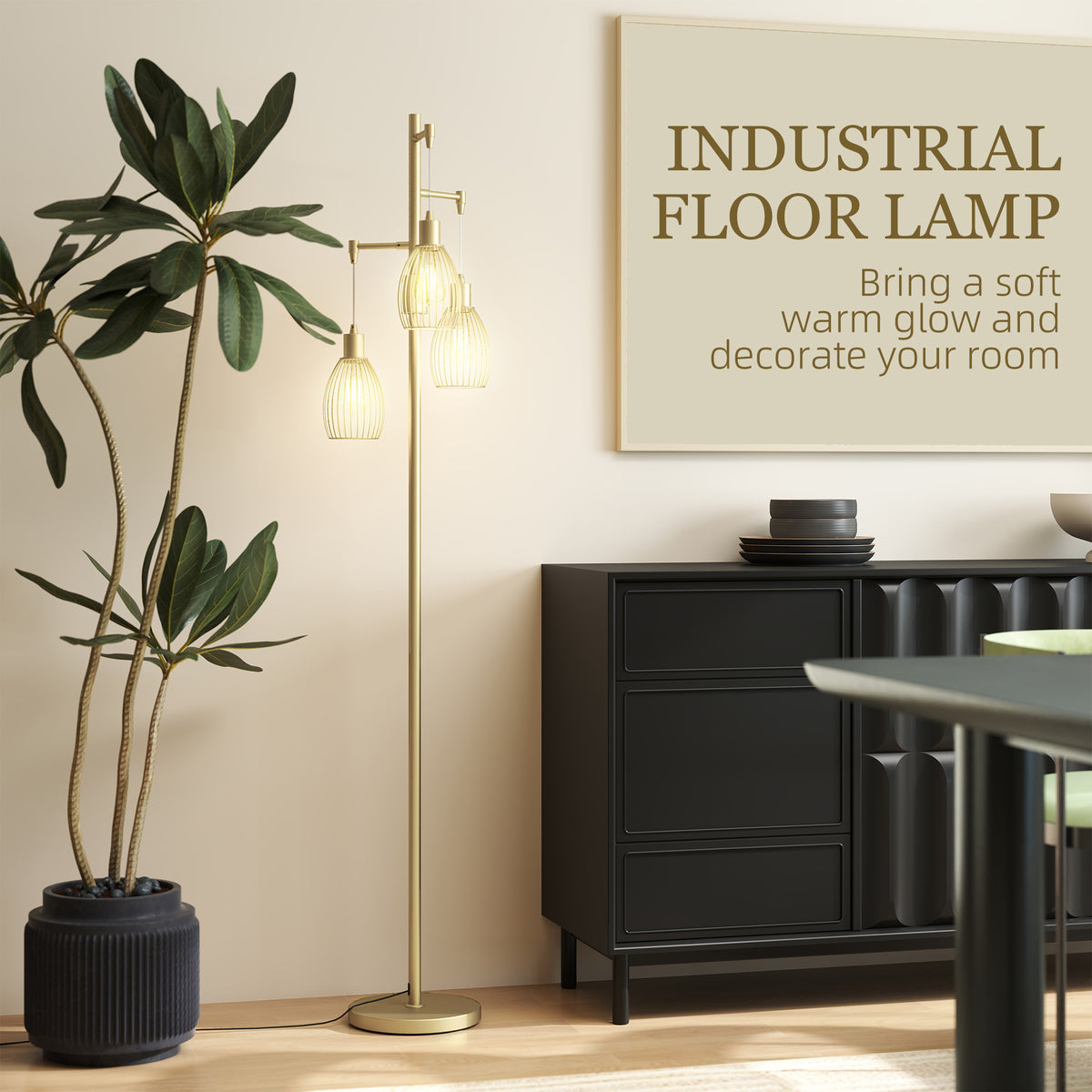 3-Light Floor Lamp, 170cm Industrial Dimmable Standing Lamp with Steel Wire Cage Lampshades for Living Room, Bedroom, Dining Room, Study, Bulb Not Included, Gold Tone