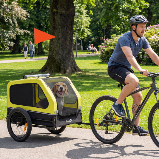 PawHut Dog Bike Trailer with Flip-Down Ramp Tailgate, Quick Release Frame, Universal Bicycle Coupler, Reflectors, Yellow