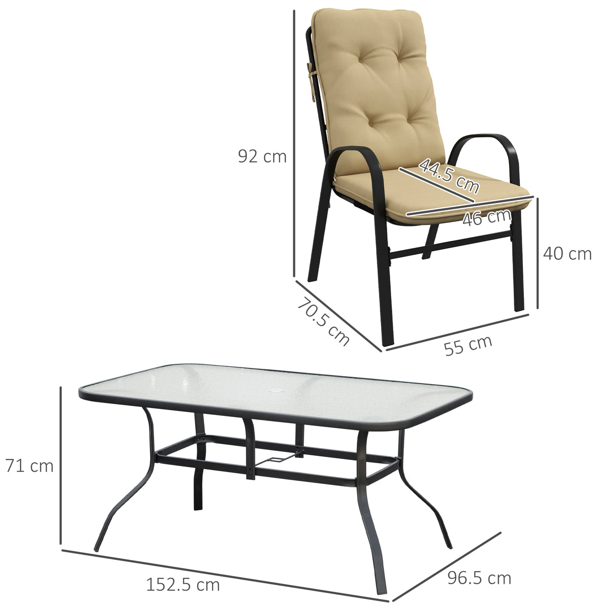 Outsunny Seven-Piece Garden Dining Set with Ripple Tempered Glass Tabletop and Full-size Cushions - Beige