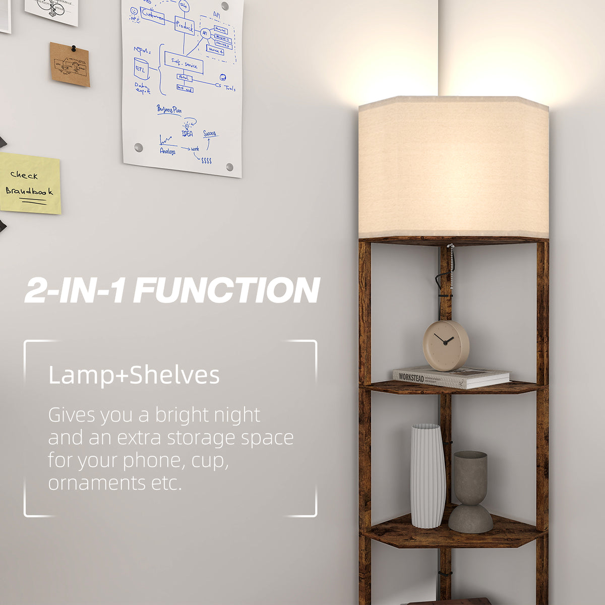 Corner Floor Lamp with Shelves, Tall Standing Lamps for Living Room, with Pull Chain Switch Bulb not Included, Rustic Brown
