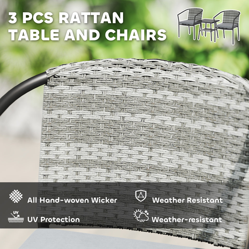 Outsunny 3 Pieces Rattan Bistro Set with Cushions, Wicker Garden Furniture Set, Glass Top Coffee Table and Chairs for Outdoor Patio, Balcony, Terrace and Conservatory, Grey