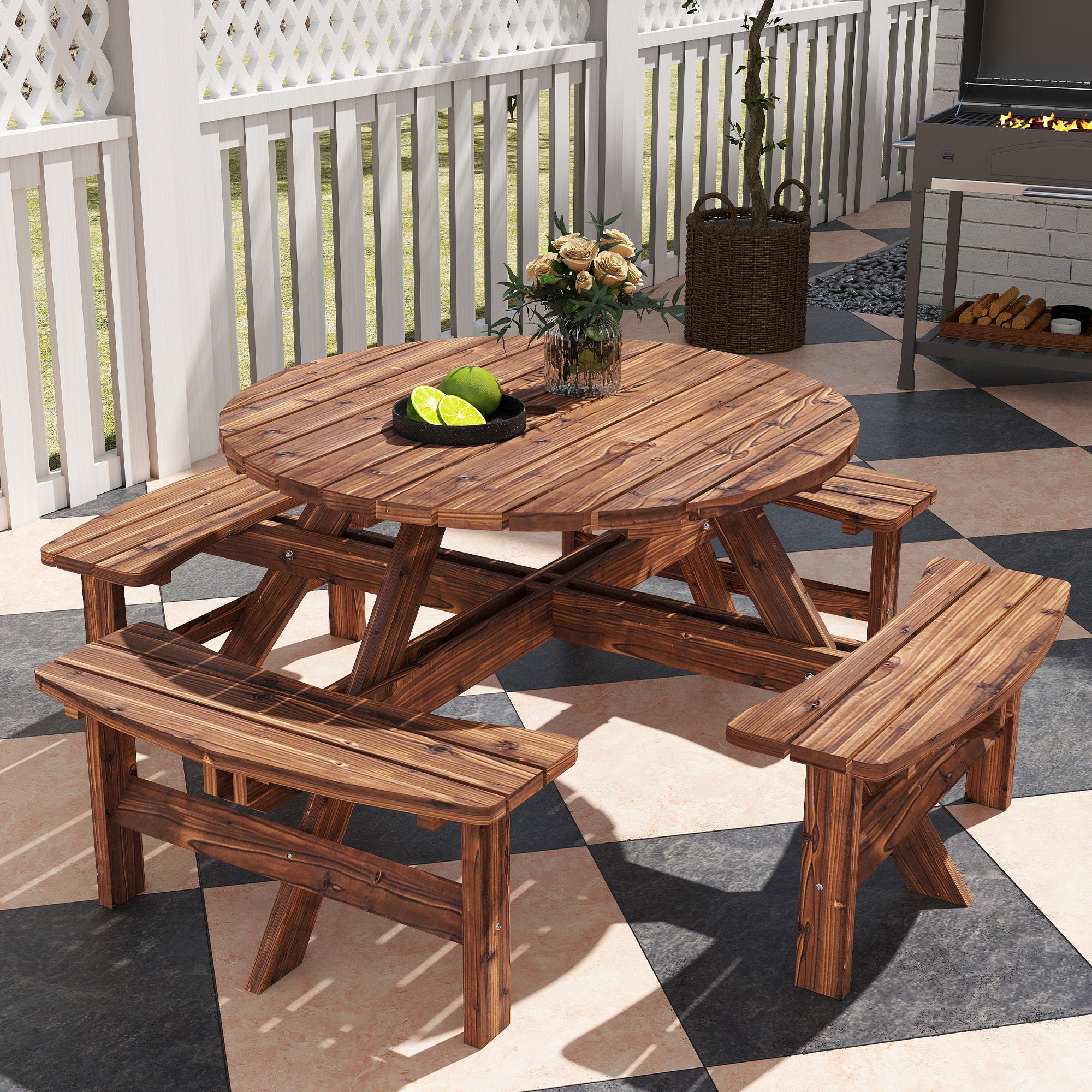Outsunny Wooden Garden Dining Set, 8 Seater Patio Furniture Set with Round Picnic Table, Parasol Hole for Outdoor Garden, Tan