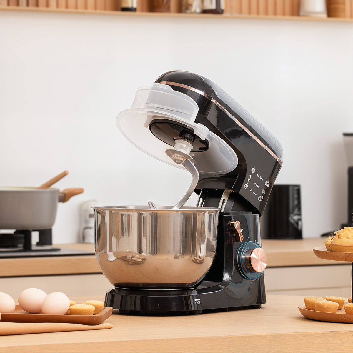 Stand Mixer, 5L Food Mixer for Baking, 6 Speeds and Pulse Setting, 1400W Cake Electric Kitchen Mixer with Dough Hook, Whisk, Stainless Steel Bowl, Splash Guard, Beater, Black