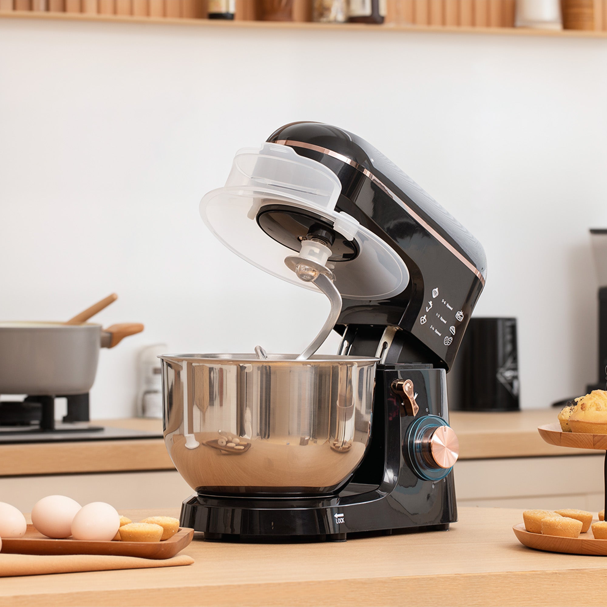 Stand Mixer, 5L Food Mixer for Baking, 6 Speeds and Pulse Setting, 1400W Cake Electric Kitchen Mixer with Dough Hook, Whisk, Stainless Steel Bowl, Splash Guard, Beater, Black