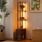 Floor Lamp with Shelves, LED Column Modern Standing Lamp with Fabric Drawer, Adjustable Brightness, Foot Switch for Living Room, Bedroom, Office, Rustic Brown
