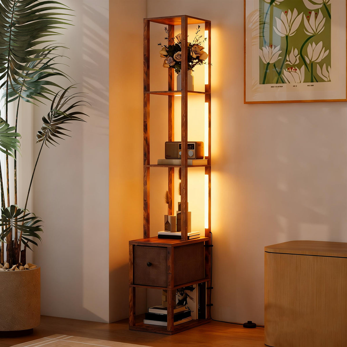 Floor Lamp with Shelves, LED Column Modern Standing Lamp with Fabric Drawer, Adjustable Brightness, Foot Switch for Living Room, Bedroom, Office, Rustic Brown
