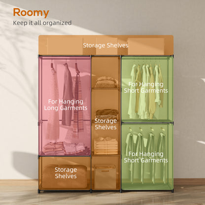 Portable Wardrobe, Open Clothes Wardrobe with 8 Shelves, 3 Hanging Rails, Black