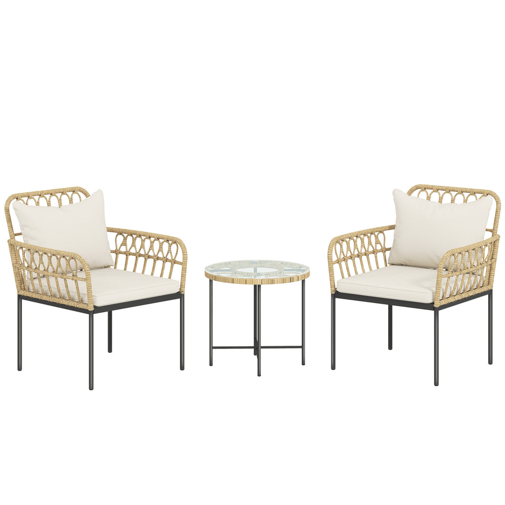 Outsunny 3 Piece Rattan Bistro Set, Wicker Garden Furniture Set with Cushions, Glass Top Coffee Table and Chairs for Outdoor, Patio, Balcony, Beige
