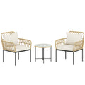 Outsunny 3 Piece Rattan Bistro Set, Wicker Garden Furniture Set with Cushions, Glass Top Coffee Table and Chairs for Outdoor, Patio, Balcony, Beige