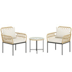 Outsunny 3 Piece Rattan Bistro Set, Wicker Garden Furniture Set with Cushions, Glass Top Coffee Table and Chairs for Outdoor, Patio, Balcony, Beige