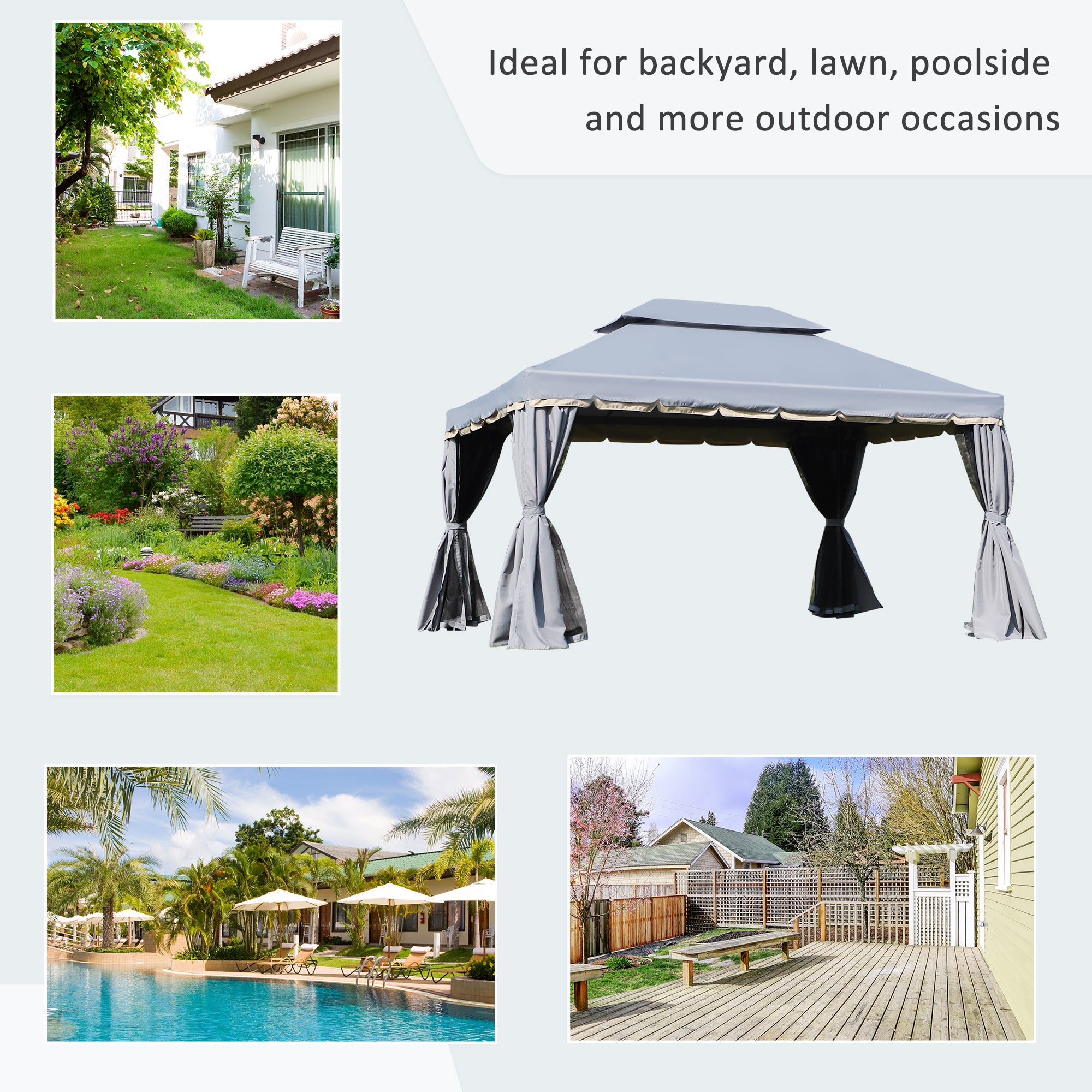 Outsunny 3 x 4m Aluminium Garden Gazebo, Marquee Canopy Shelter Pavilion Party Tent with Nets and Curtains for Garden and Deck, Grey