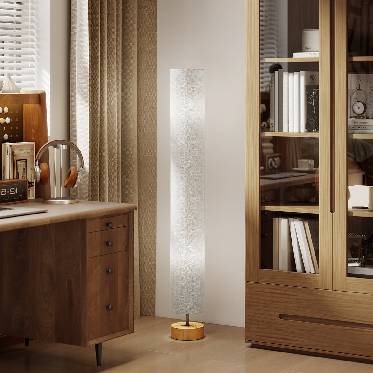LED Floor Lamp for Living Room, 120cm Modern Standing Lamp with 3000K/4500K/6500K Colour Temperatures, Linen Shade and Wooden Base, Grey
