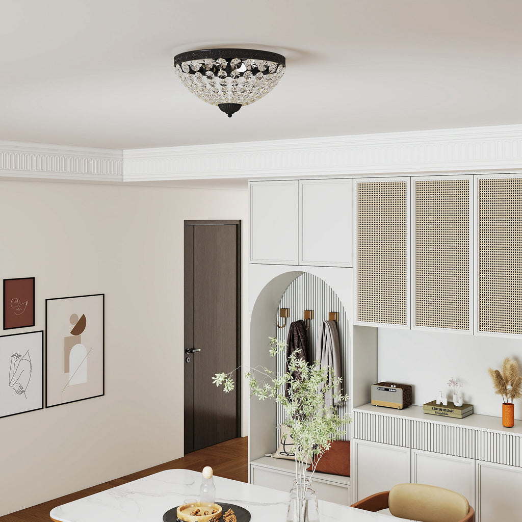 Crystal Chandelier Ceiling Light with 168 Octagonal Beads, Vintage 2-Light Flush Mount Ceiling Light for Living Room, Bedroom, Hallway, Dining Room, Black