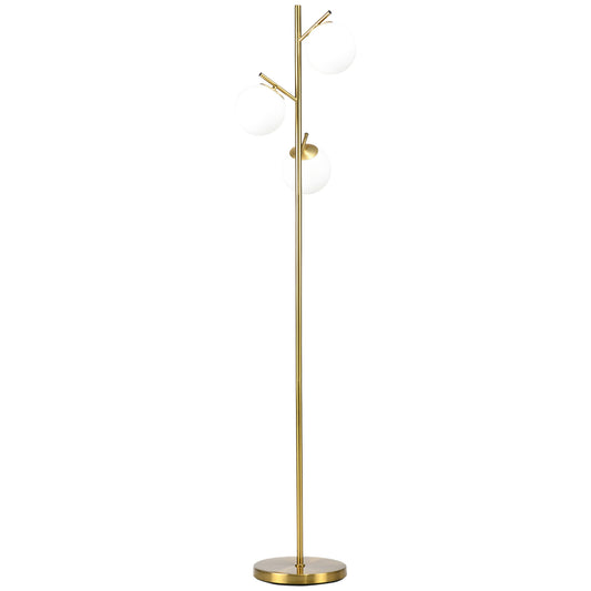 3-Light Tree Floor Lamps for Living Room, Modern Standing Lamp for Bedroom with Globe Lampshade, 3000K/4000K/6000K Colour Temperatures, Steel Base, Gold Tone