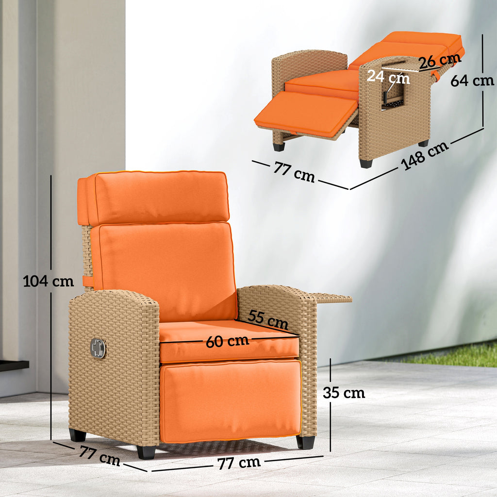 Outsunny 145° Reclining Rattan Armchair, with Footrest - Khaki/Orange