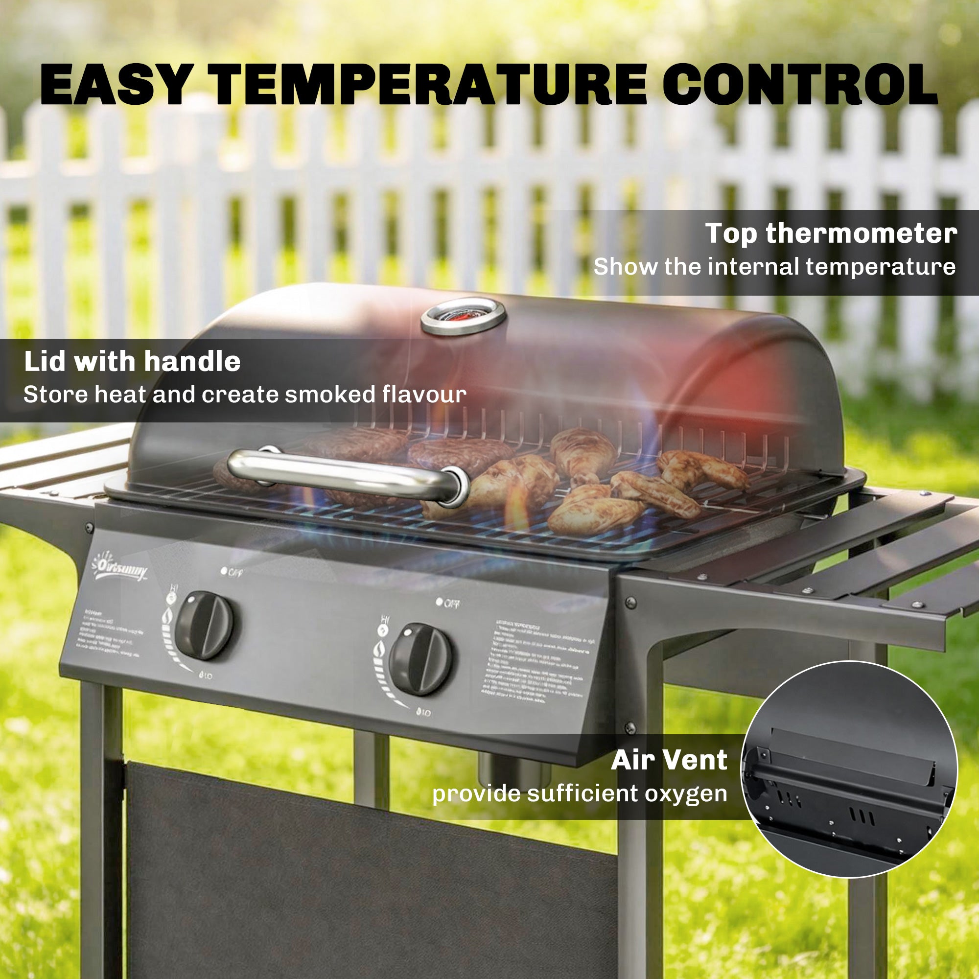 Outsunny Gas Burner Barbecue Grill, 2 Burner Gas Grill with Side Tables, Warming Rack, Shelf, Thermometer, Grease Tray, Black