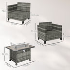 Outsunny 5-Piece Rattan Patio Furniture Set with Gas Fire Pit Table, Loveseat Sofa, Armchairs, Cushions, Pillows, Grey