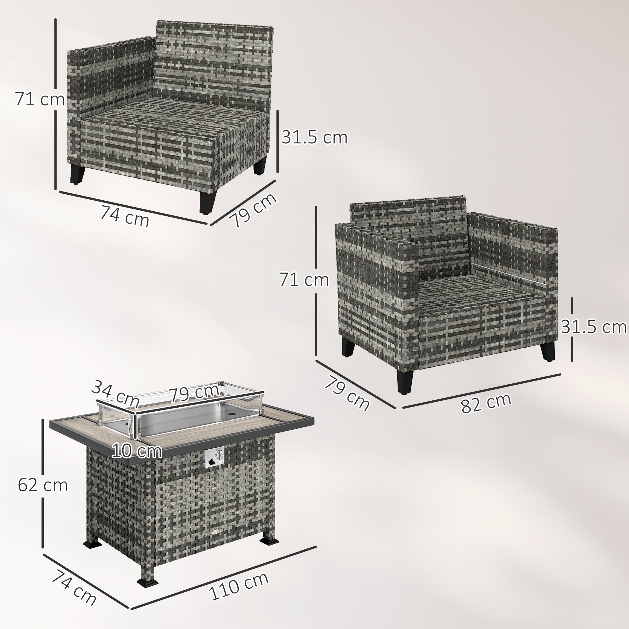 Outsunny 5-Piece Rattan Patio Furniture Set with Gas Fire Pit Table, Loveseat Sofa, Armchairs, Cushions, Pillows, Grey