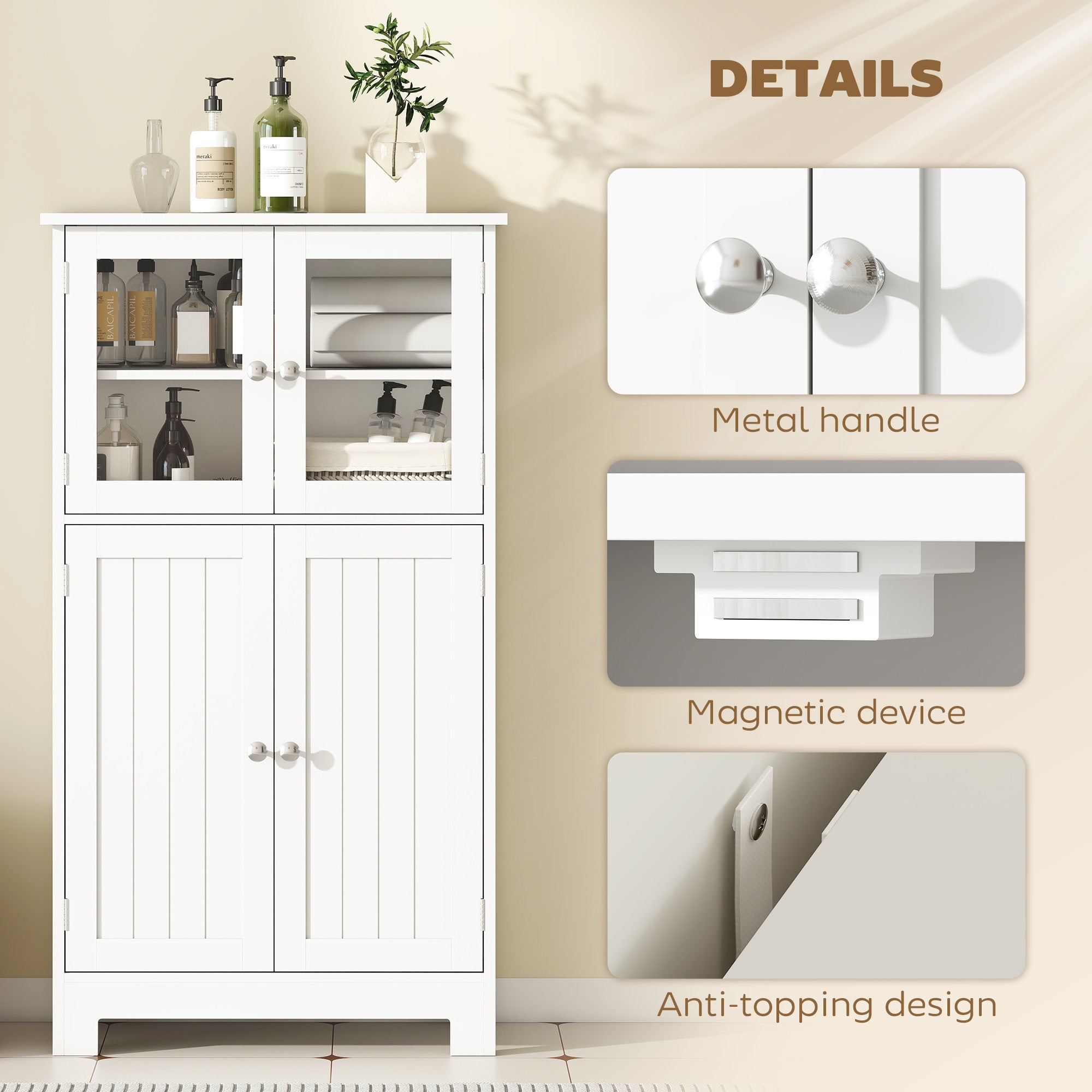 kleankin Bathroom Floor Cabinet, Freestanding Kitchen Cupboard with 2 Drawers, Adjustable Shelves and Tempered Glass Door, Wooden  Storage Unit for Living Room Kitchen Hallway
