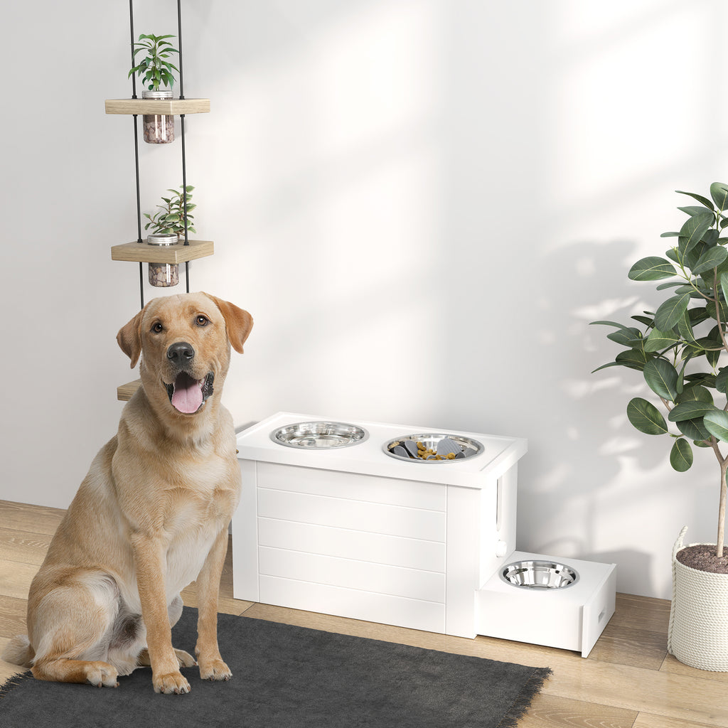 PawHut Raised Dog Bowls w/ Slow Feeder Mat, Storage Cabinet, Three Stainless Steel Bowls, Semi Auto Dispenser Function, White