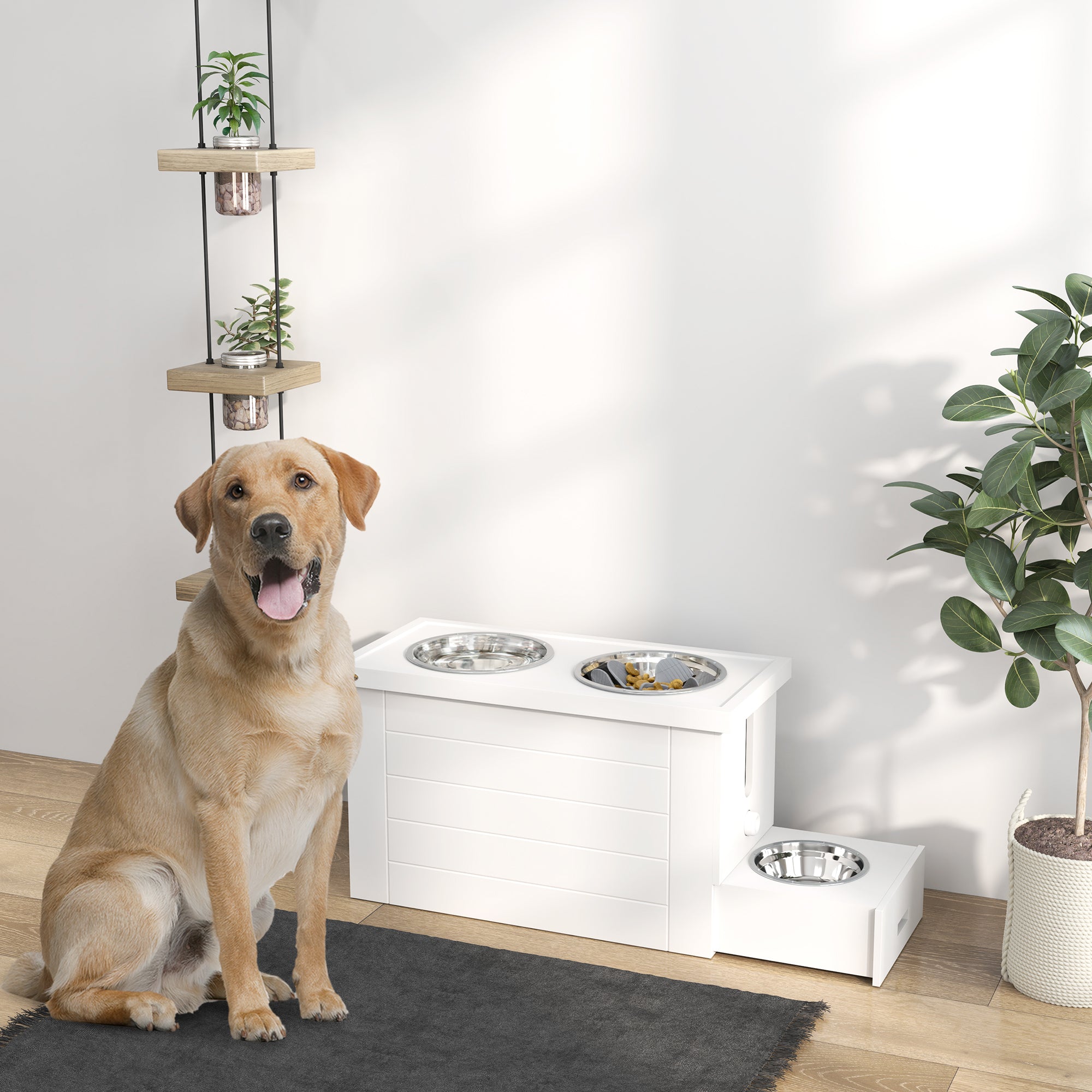 PawHut Raised Dog Bowls w/ Slow Feeder Mat, Storage Cabinet, Three Stainless Steel Bowls, Semi Auto Dispenser Function, White