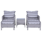 Outsunny 5 Pieces PE Rattan Garden Furniture Set with 10cm Thick Padded Cushions, Wicker Weave Outdoor Seating Chairs with 2 Armchairs, 2 Stools, Glass Top Table, Grey and White