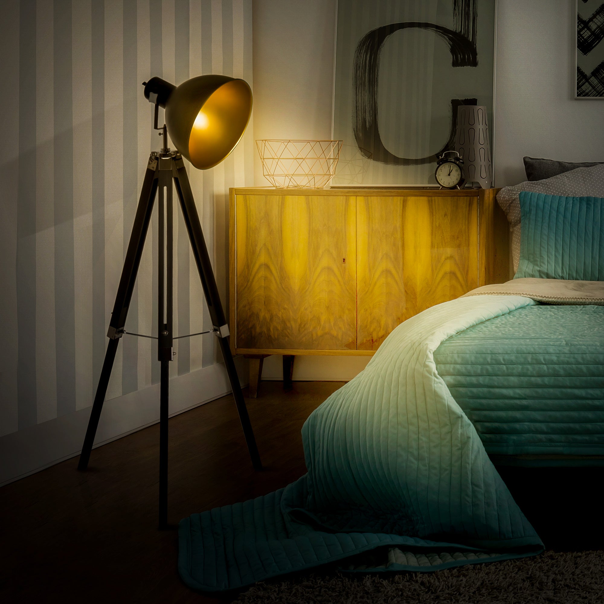 Tripod Floor Lamp, Spotlight Reading Lamp w/ Adjustable Height, Angle, Wood Legs for Living Room, Bedroom, Home, Office, Black and Gold