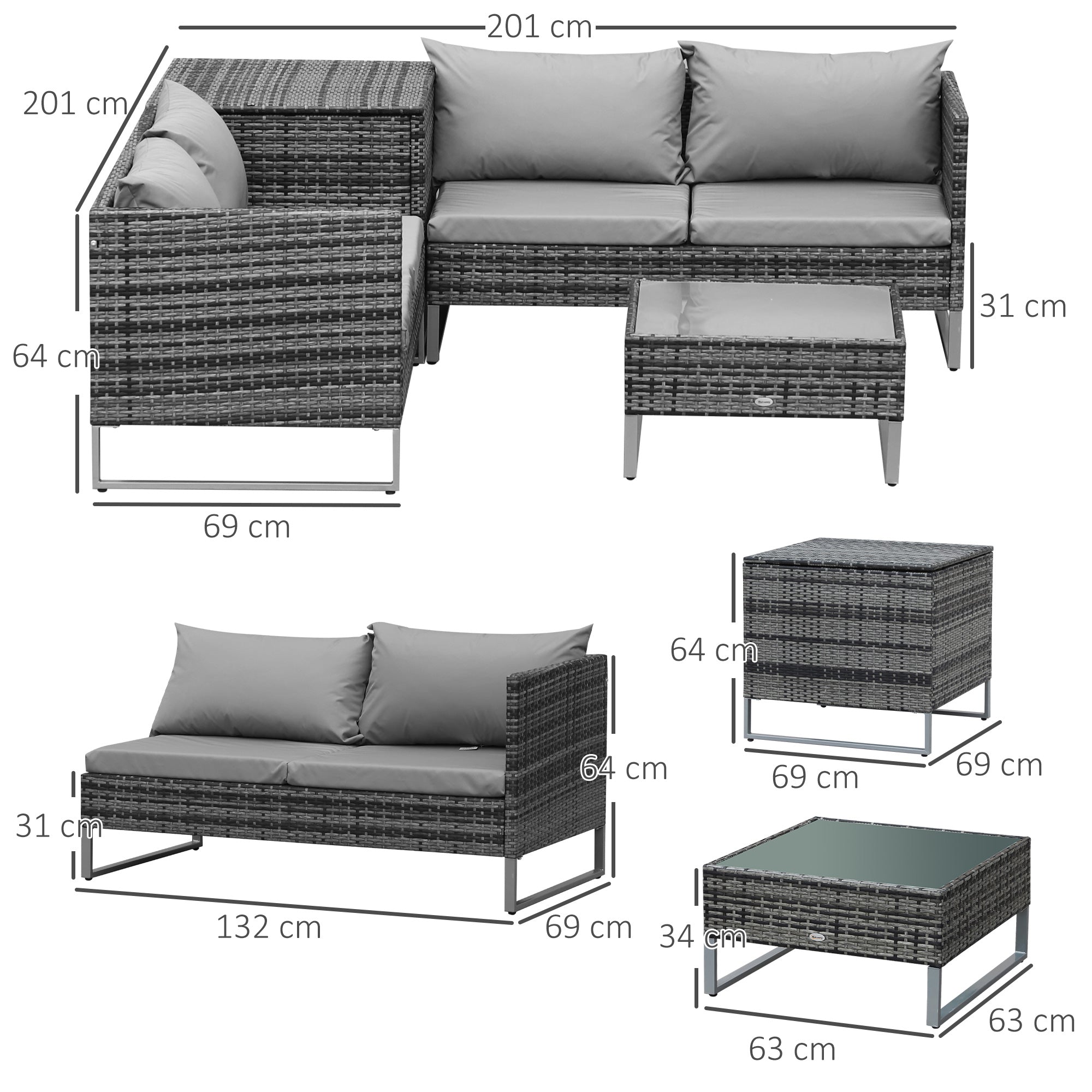 Outsunny 4pc Garden Rattan Wicker Outdoor Furniture Patio Corner Sofa Love Seat and Table Set  with Cushions Side Desk Storage, Mixed Grey