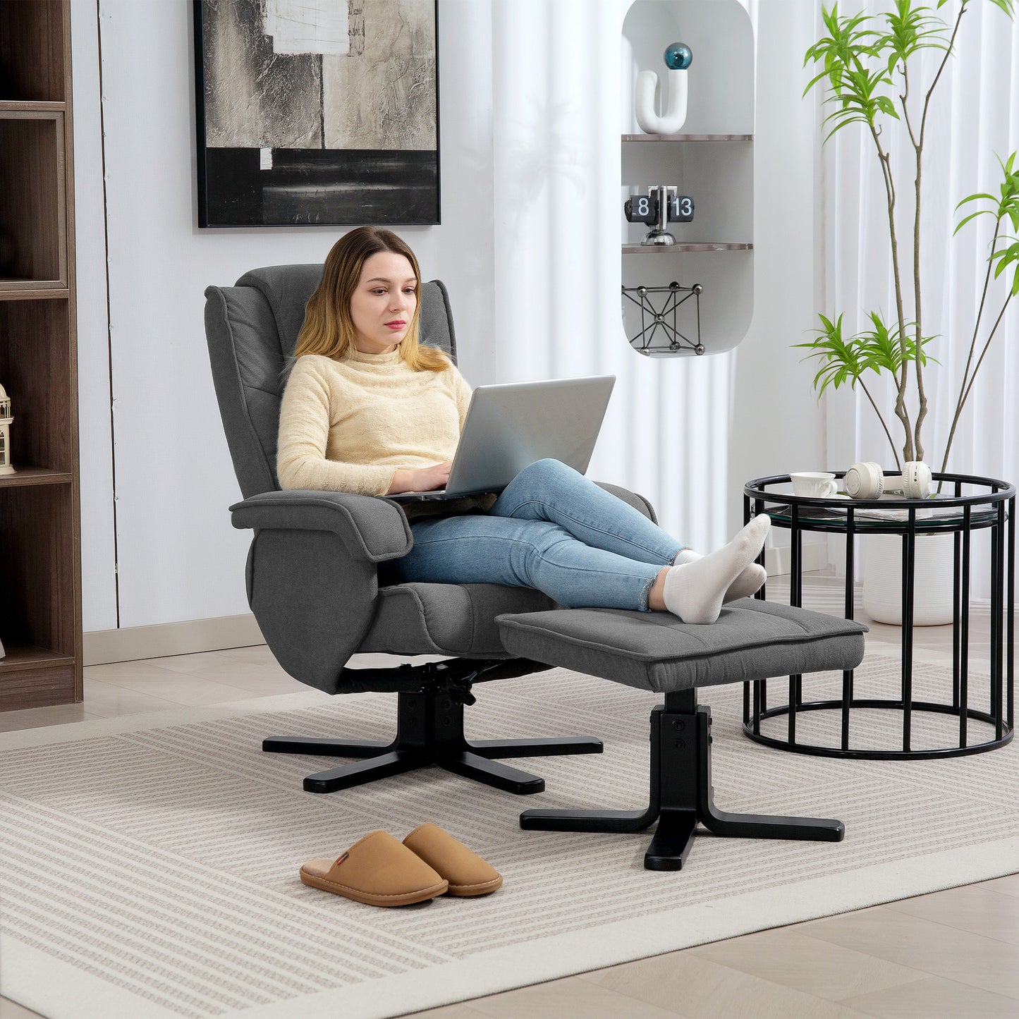 Swivel Recliner Chair with Footstool - Charcoal Grey Velvet