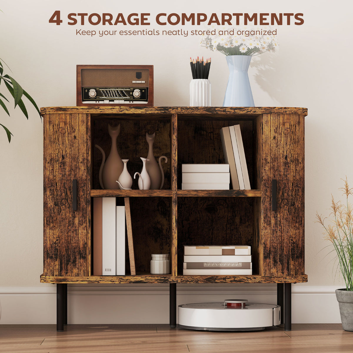 Mid-Century Modern Sideboard Storage Cabinet with Slatted Tambour Sliding Doors, Kitchen Cabinet with Steel Legs, Rustic Brown