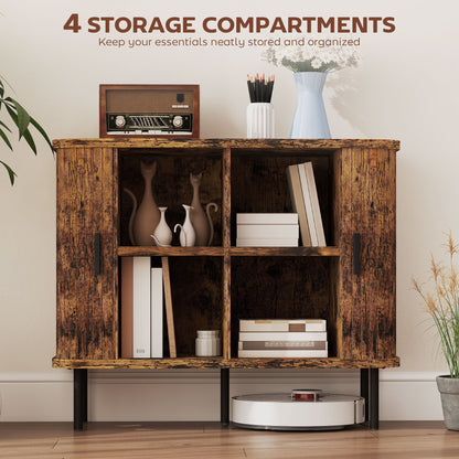 Mid-Century Modern Sideboard Storage Cabinet with Slatted Tambour Sliding Doors, Kitchen Cabinet with Steel Legs, Rustic Brown