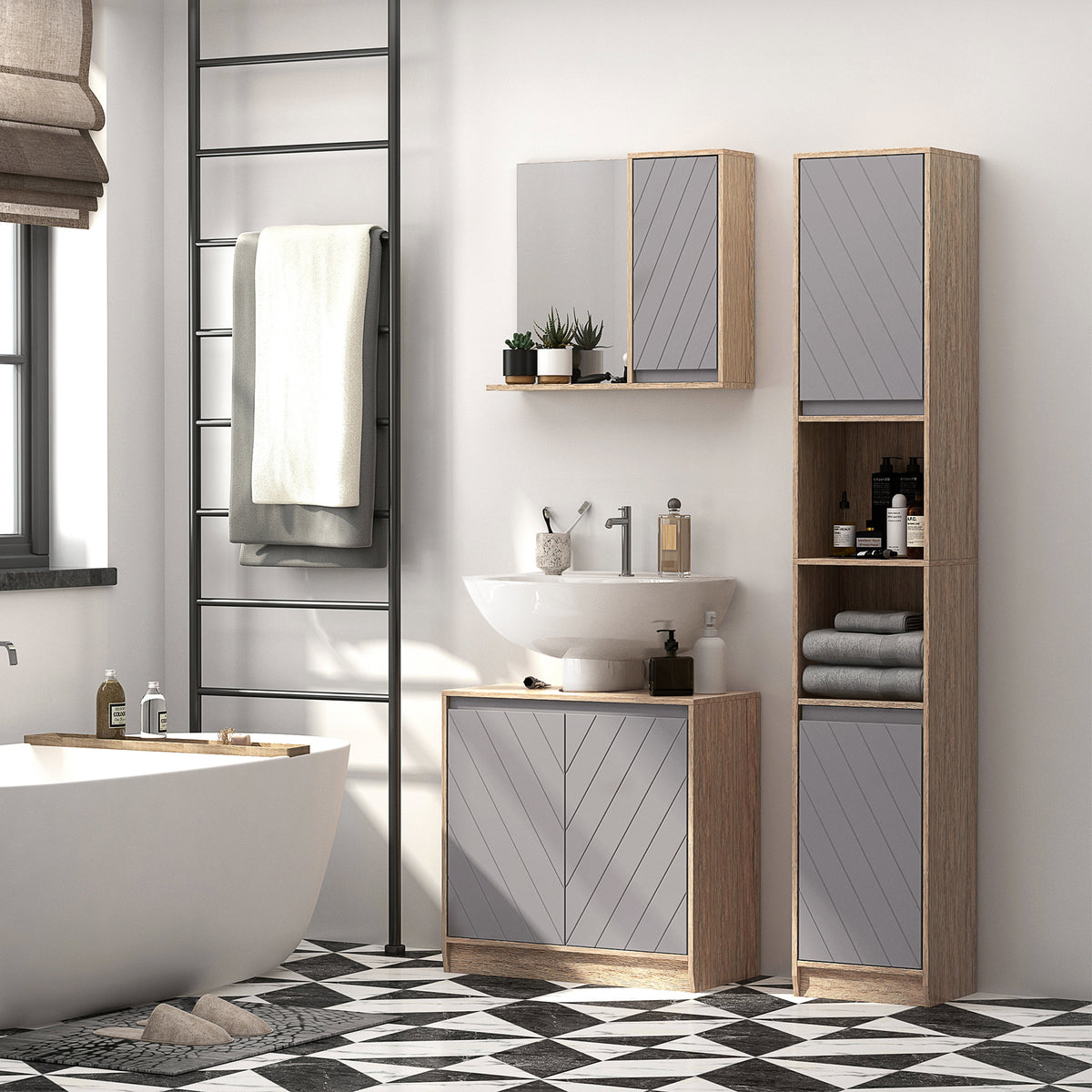 Under Sink Storage Cabinet Floor Standing Cupboard w/ Adjustable Shelf Bathroom Cabinet 2 Doors Versatile Style Grey